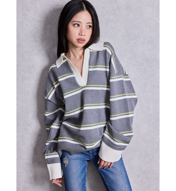 GYDA「スキッパーPOLOボーダーニットトップス」|ニット・セーター|