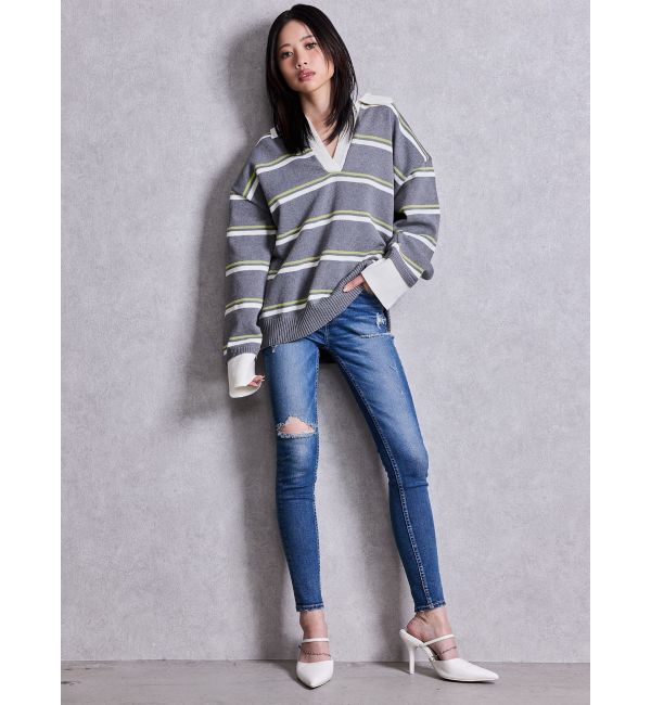 GYDA「スキッパーPOLOボーダーニットトップス」|ニット・セーター|