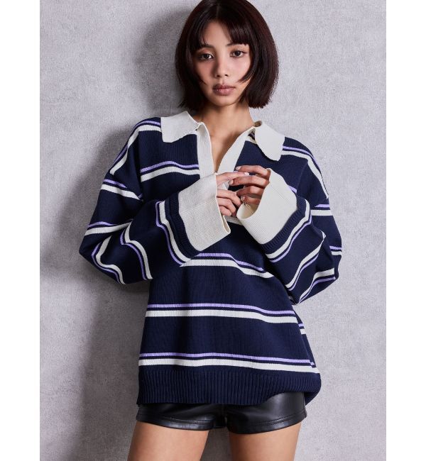 GYDA「スキッパーPOLOボーダーニットトップス」|ニット・セーター|ネイビー