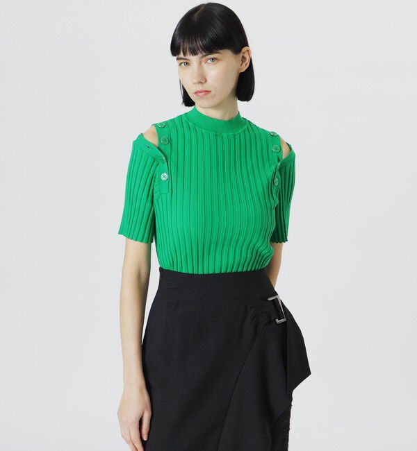  「ハーフスリーブショルダーカットアウトニット」|ニット・セーター|グリーン