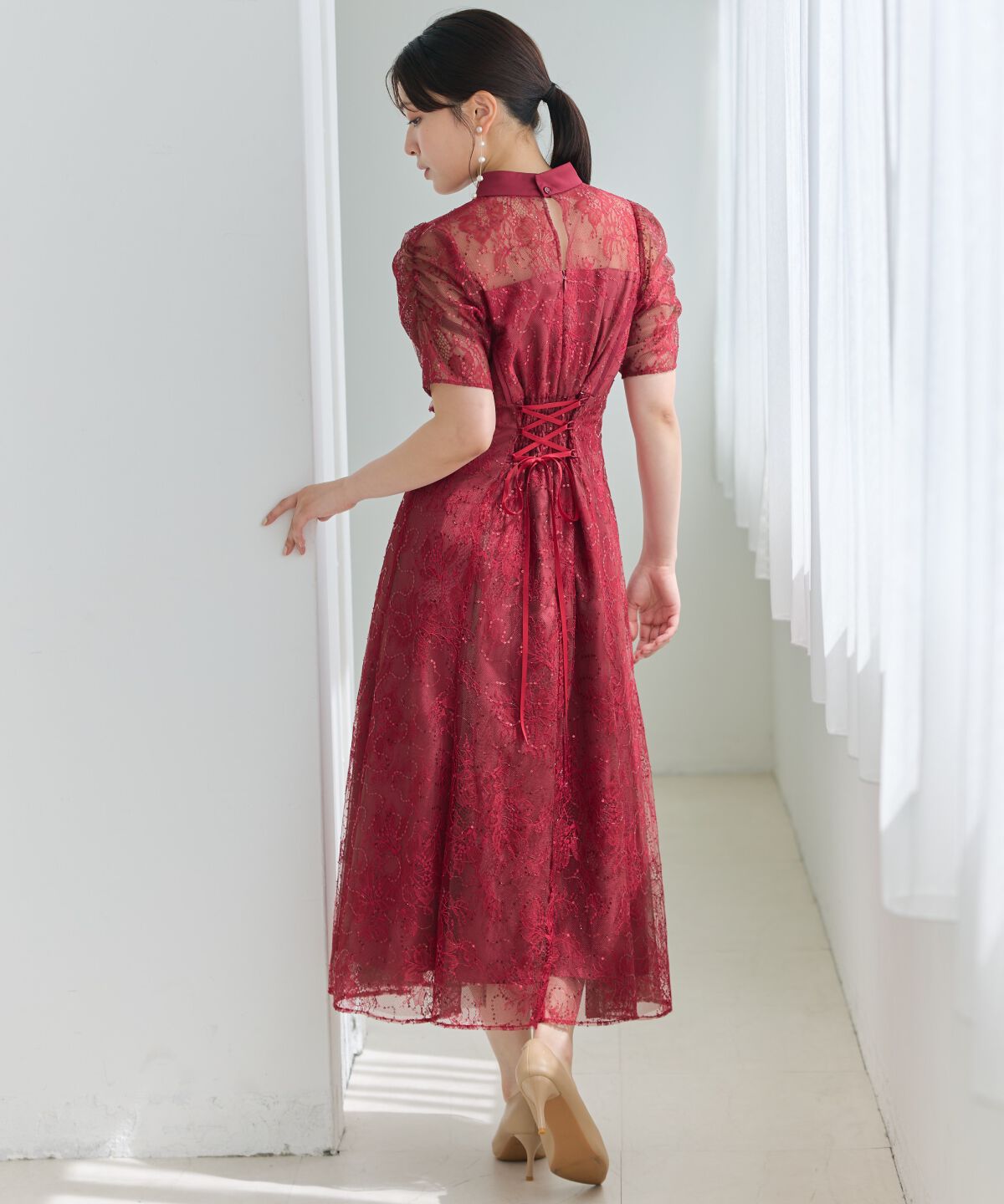 アンドクチュール「スパンコールラッセルレースドレス」|ドレス|レッド