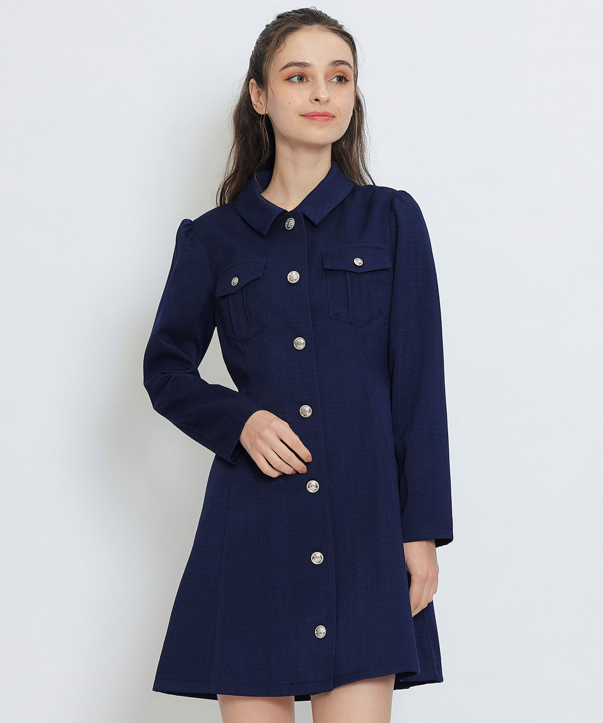 REDYAZEL「スプリングツイードシャツミニフレアワンピース」|ワンピース|ネイビー