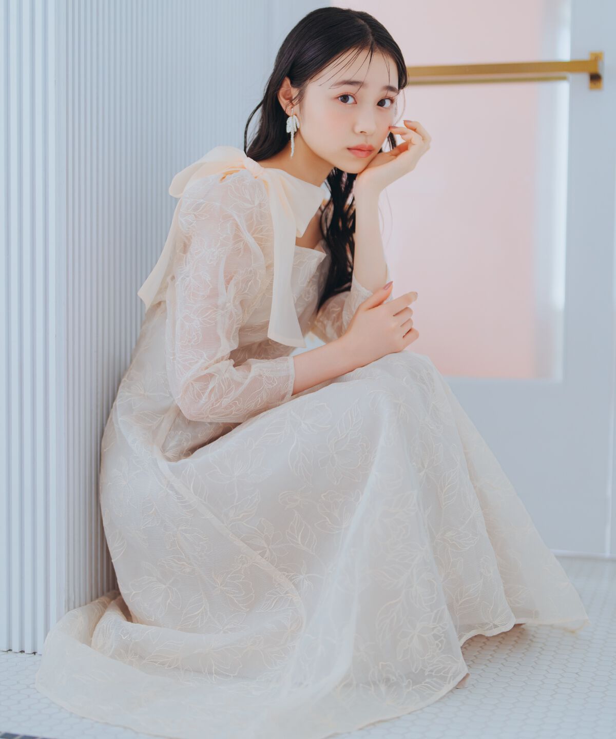 WILLSELECTION「フラワー刺繍肩リボンドレス」|ドレス|ベージュ