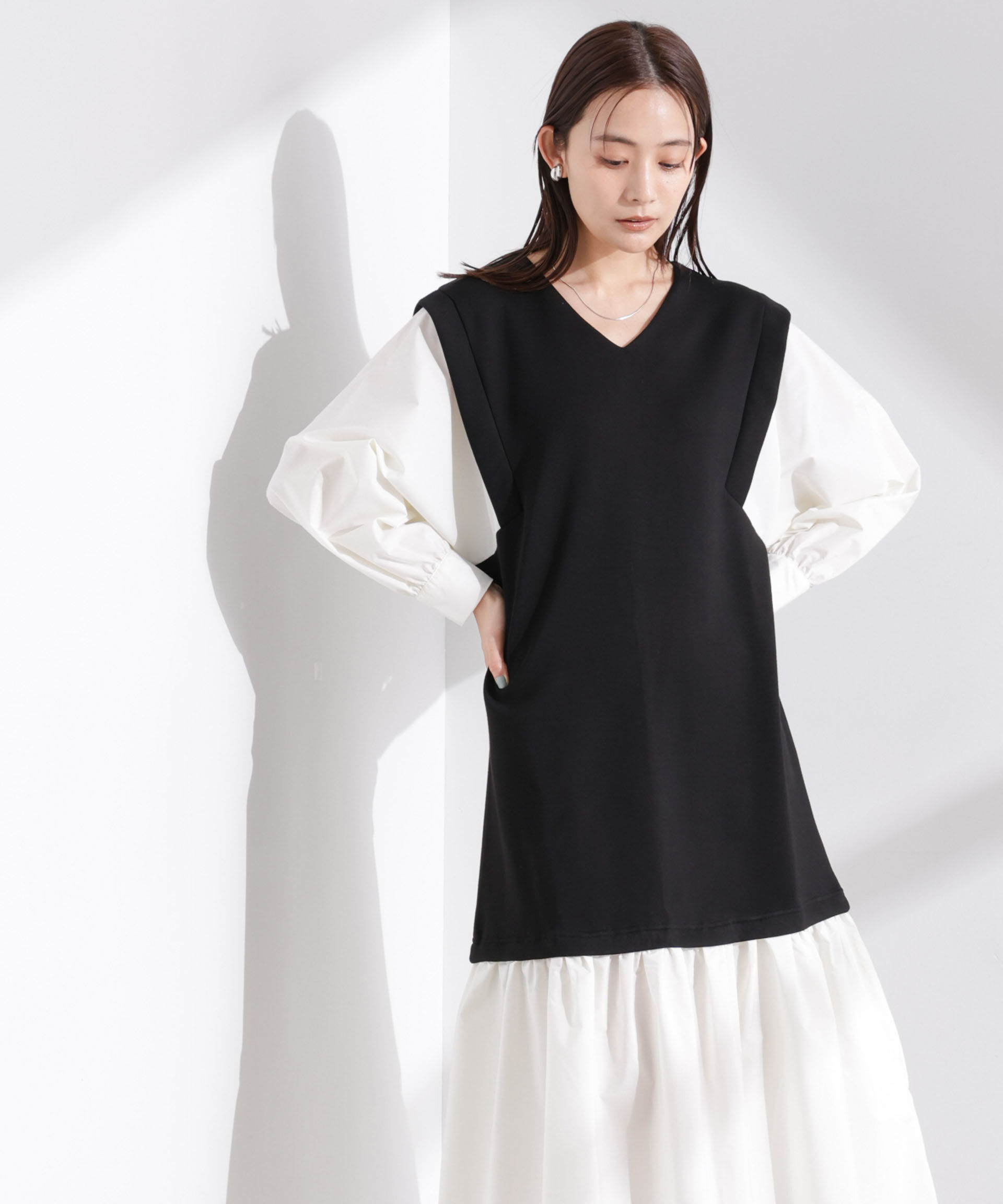 nano･universe「ダンボールベストレイヤード風コンビワンピース」|ワンピース|