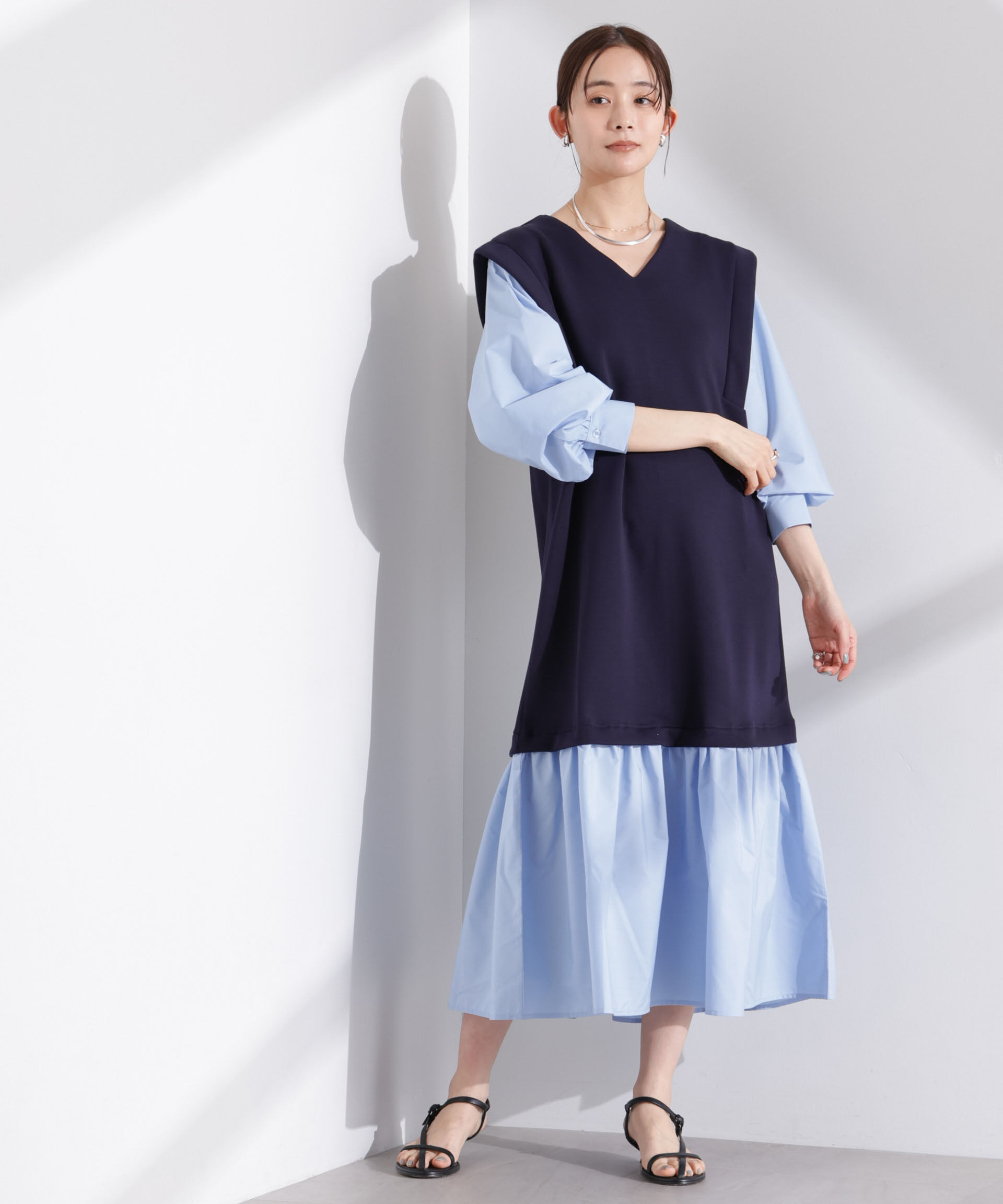 nano･universe「ダンボールベストレイヤード風コンビワンピース」|ワンピース|ネイビー