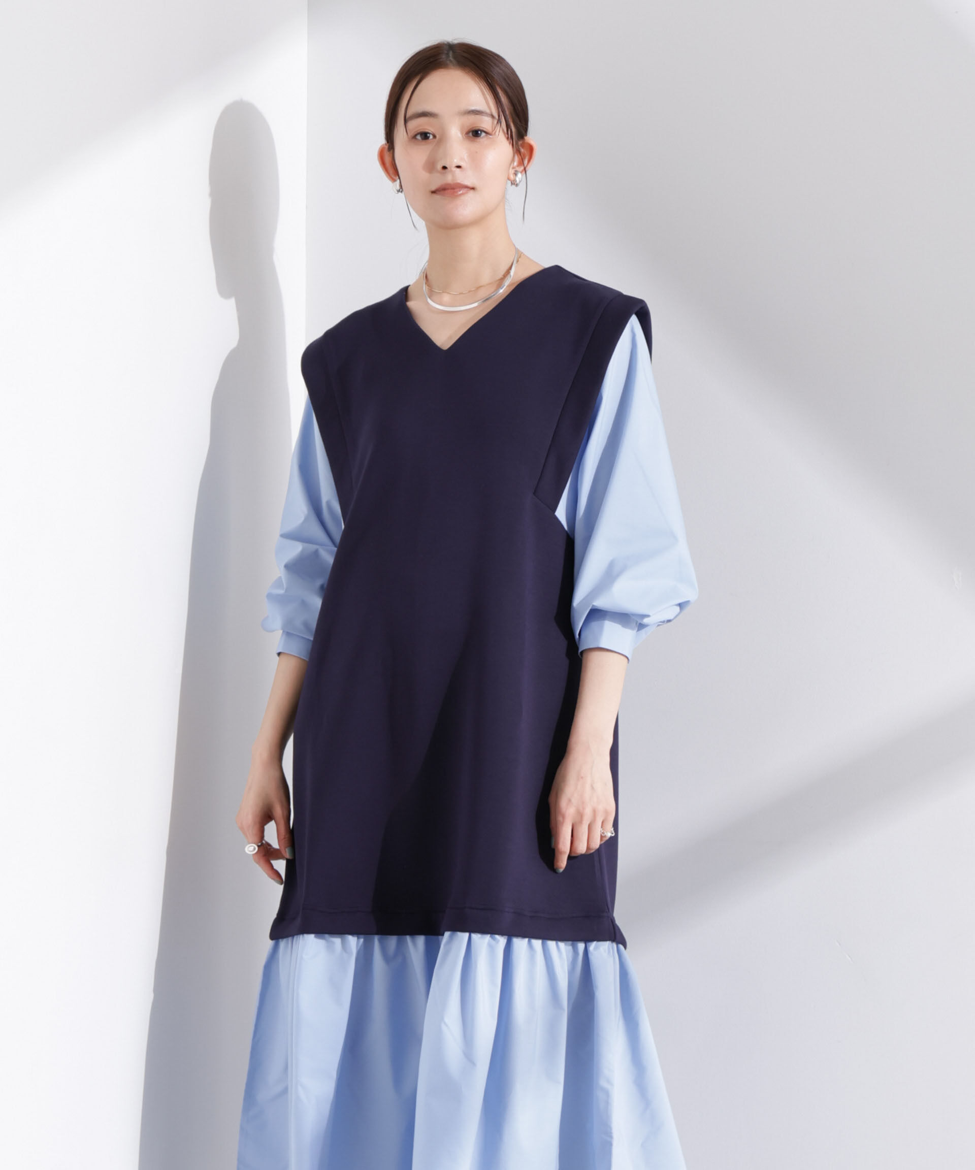 nano･universe「ダンボールベストレイヤード風コンビワンピース」|ワンピース|