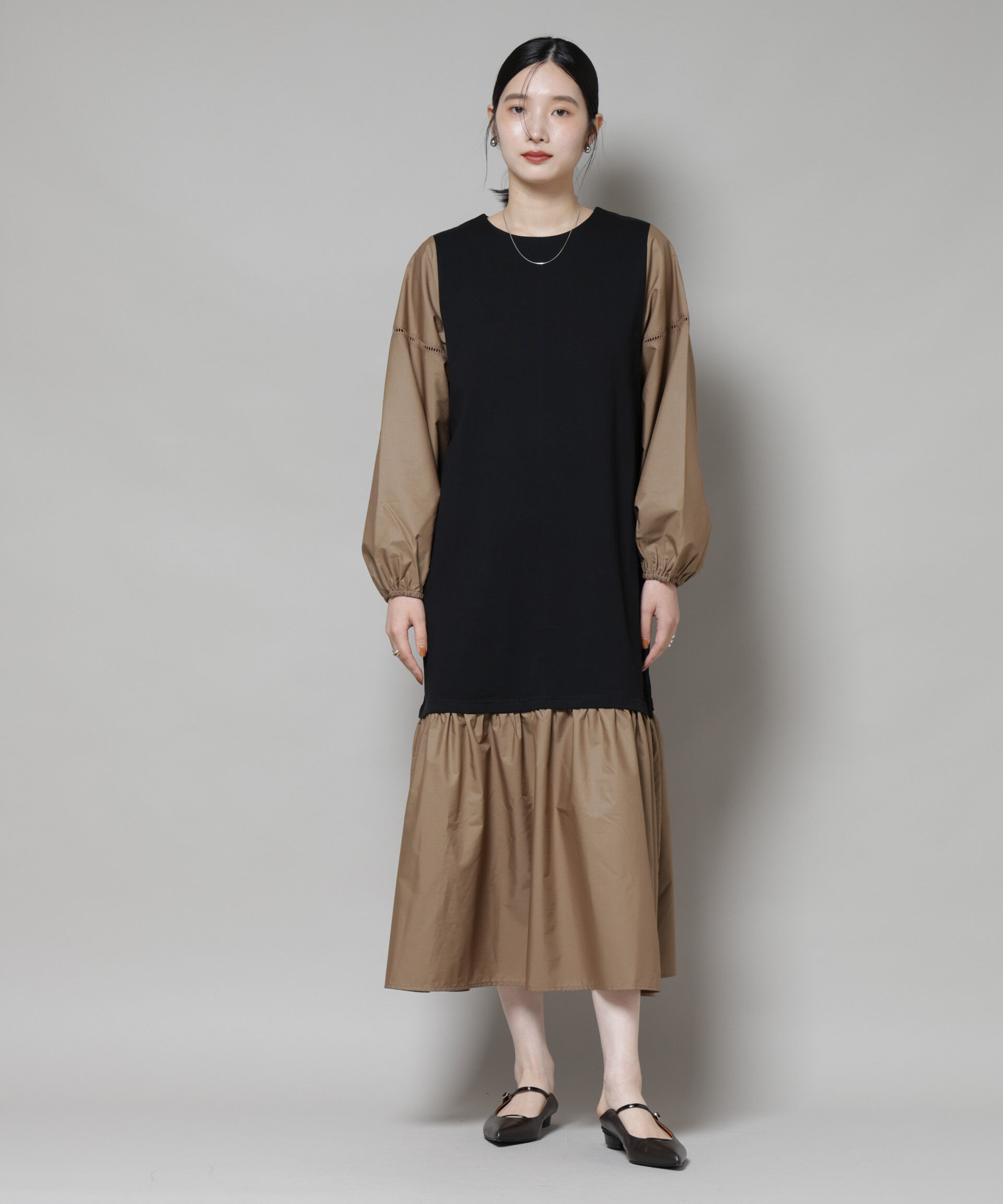 nano･universe「ハシゴレーススリーブ異素材コンビワンピース」|ワンピース|