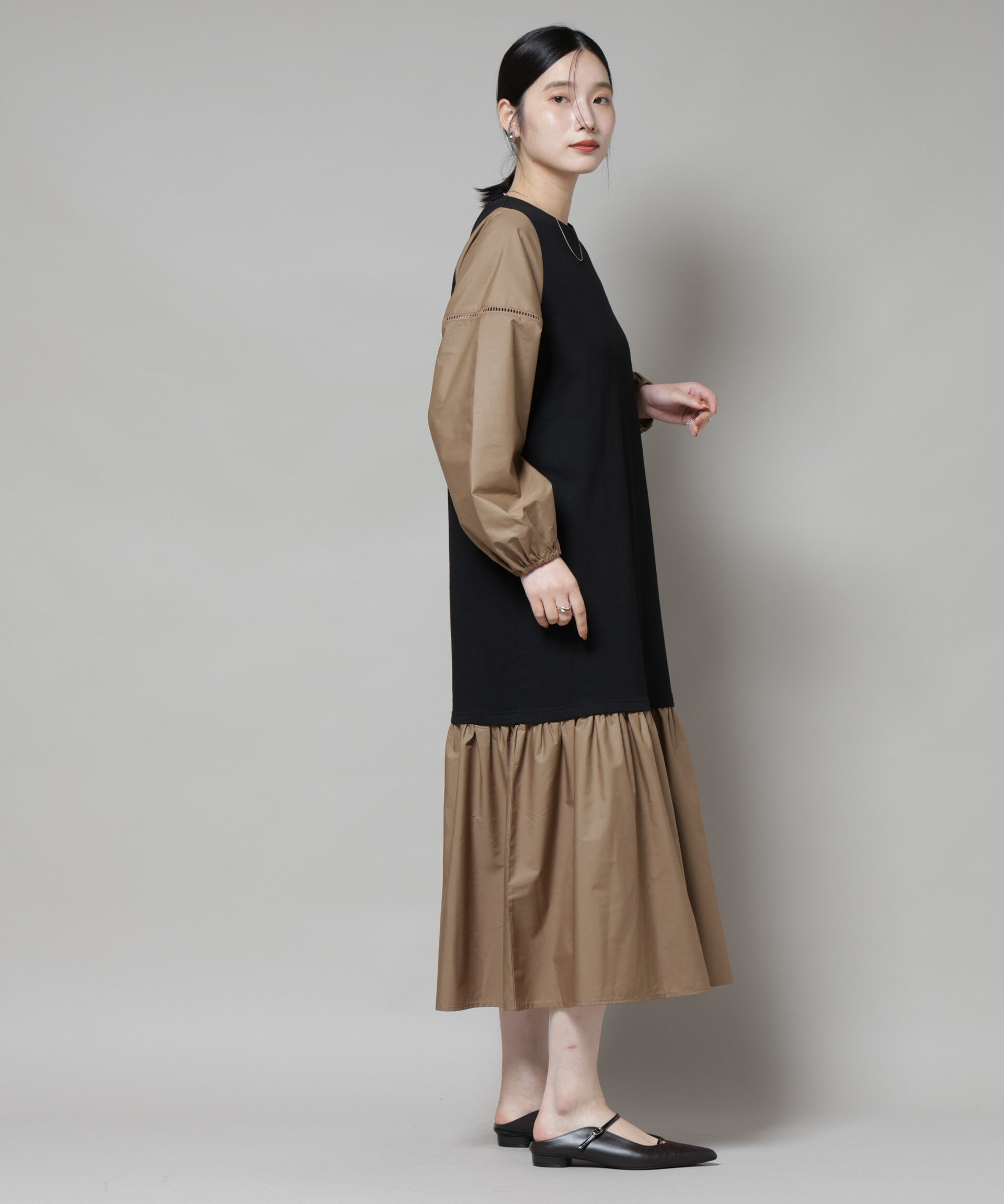 nano･universe「ハシゴレーススリーブ異素材コンビワンピース」|ワンピース|