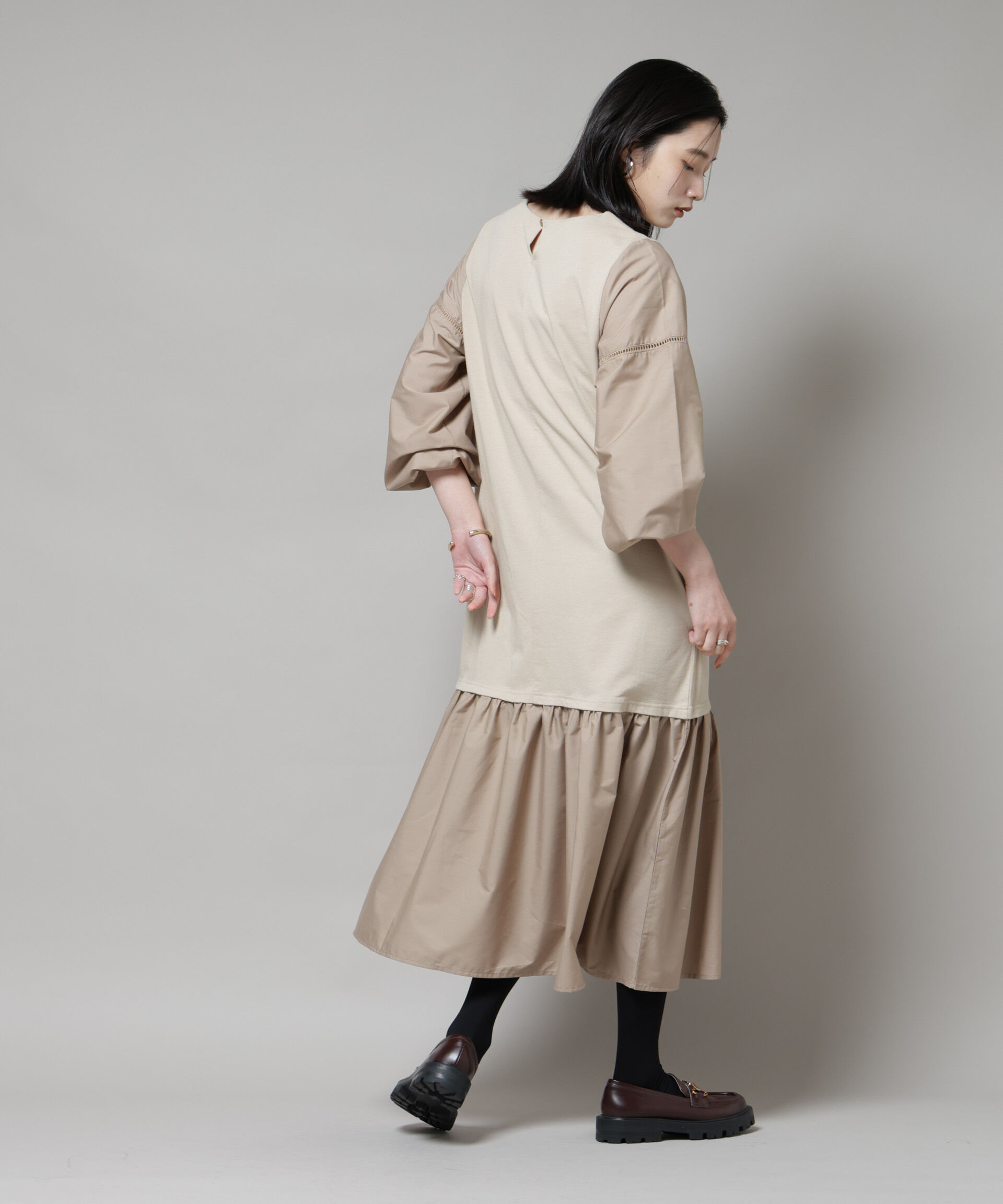 nano･universe「ハシゴレーススリーブ異素材コンビワンピース」|ワンピース|