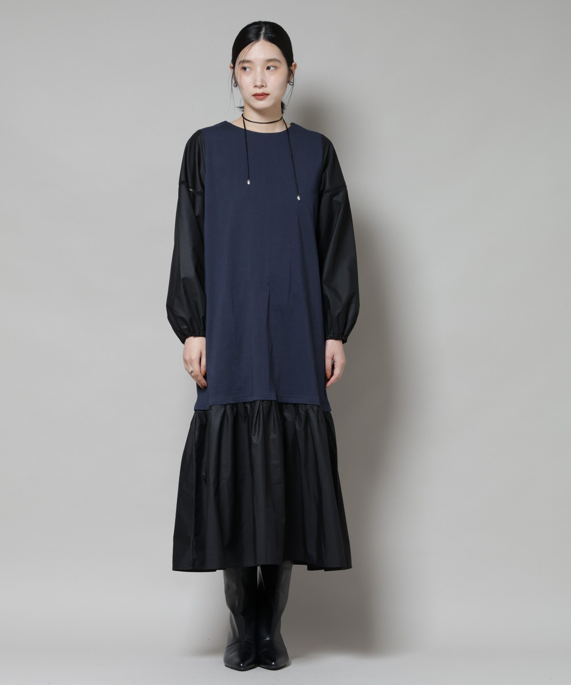 nano･universe「ハシゴレーススリーブ異素材コンビワンピース」|ワンピース|ネイビー