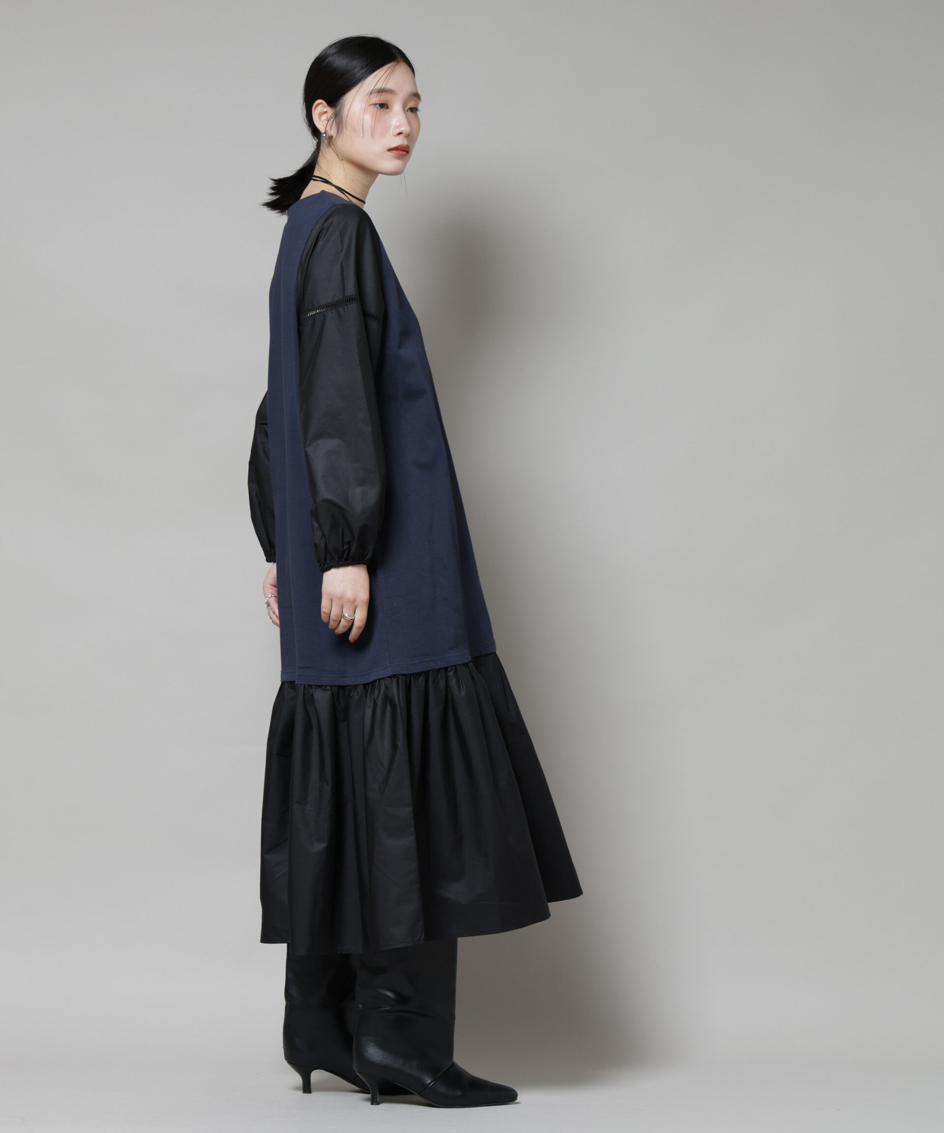 nano･universe「ハシゴレーススリーブ異素材コンビワンピース」|ワンピース|