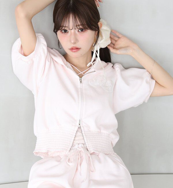  「【セットアップ可能】レースロゴ刺繍半袖ラメパーカー」|プルオーバー|