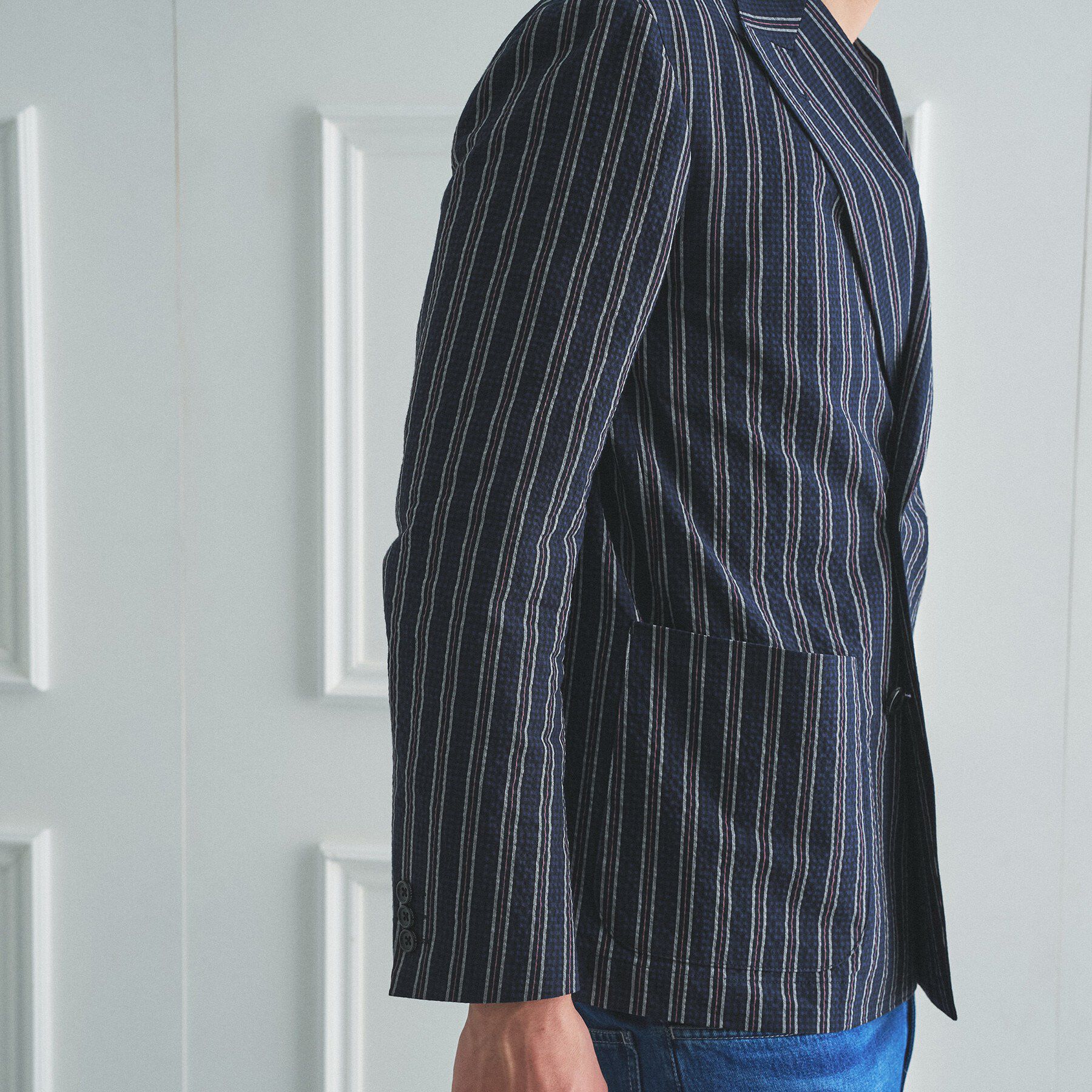 TAKEO KIKUCHI「【BOWLER HAT LABEL】サッカーストライプ ダブルジャケット」|テーラードジャケット|