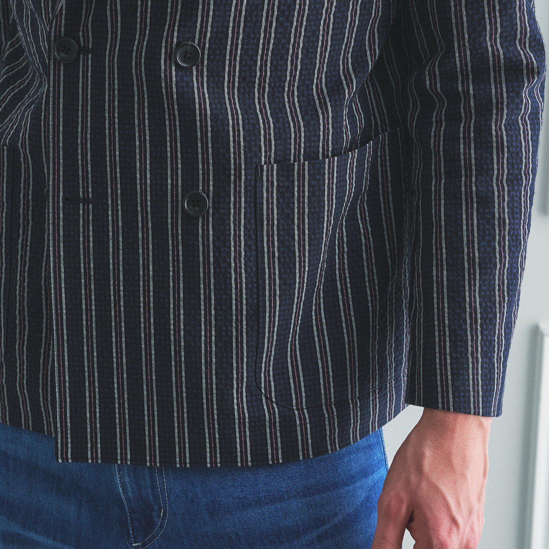 TAKEO KIKUCHI「【BOWLER HAT LABEL】サッカーストライプ ダブルジャケット」|テーラードジャケット|