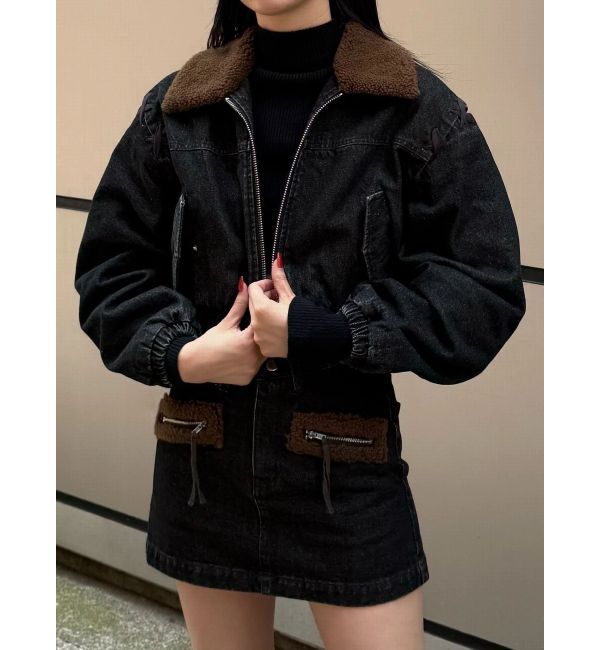 EMODA「ボアカラーデニムブルゾン」|ブルゾン・スタジャン|ブラック