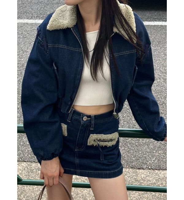 EMODA「ボアカラーデニムブルゾン」|ブルゾン・スタジャン|ブルー