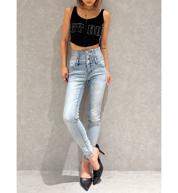 GYDA「【TINY】ハイウエストウエストクロススキニーデニムパンツ」|デニム|