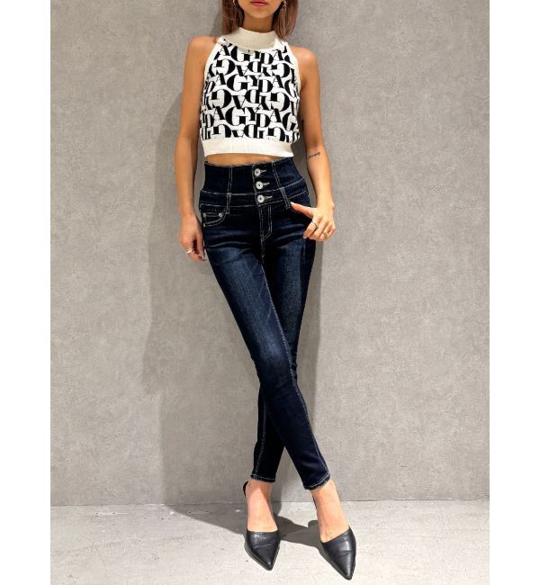 GYDA「【TINY】ハイウエストウエストクロススキニーデニムパンツ」|デニム|