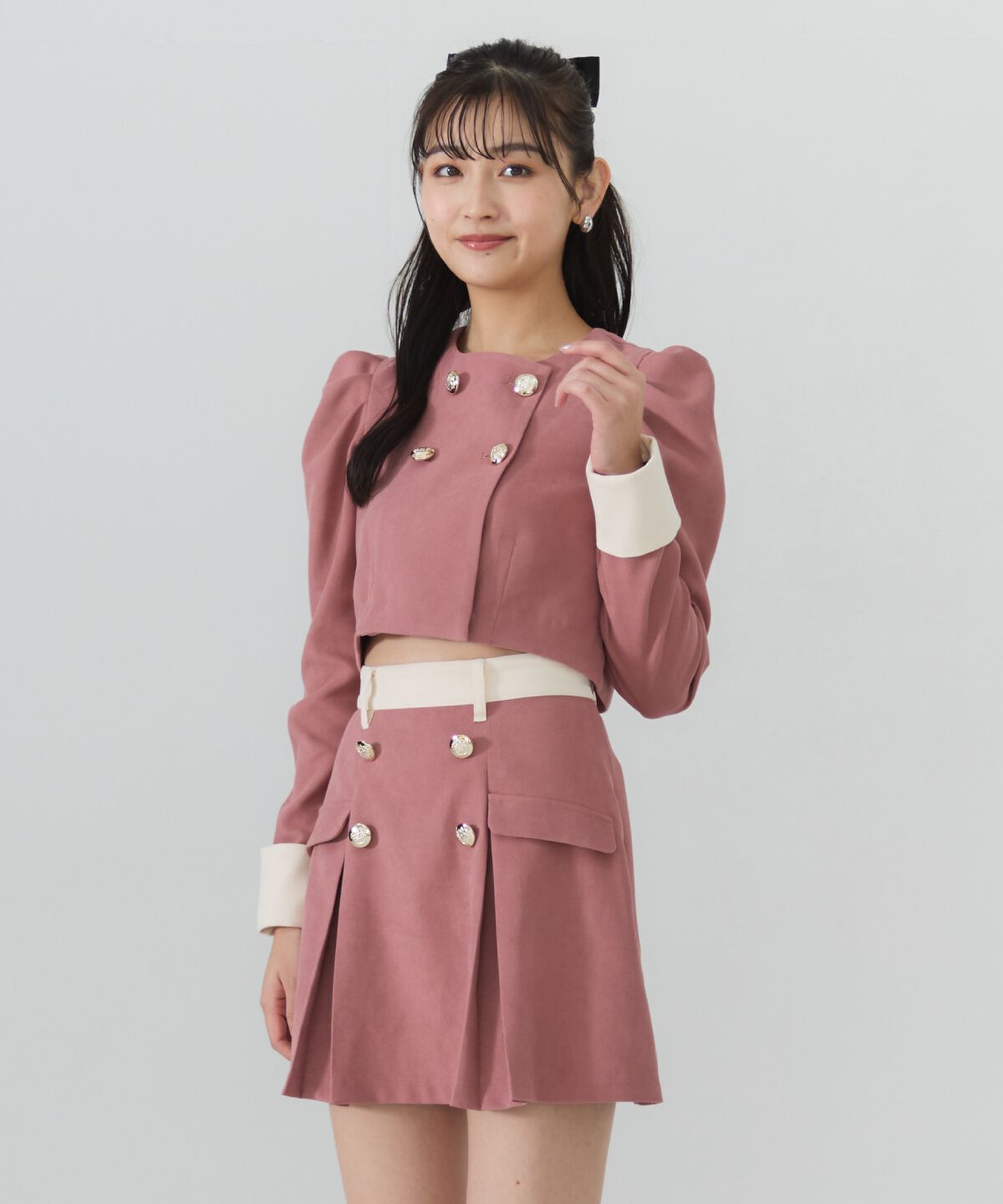 REDYAZEL「ダブルボタンバイカラーミニスカート」|フレア|ピンク