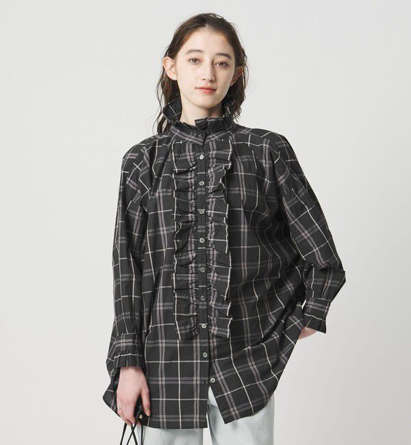 UNITED ARROWS「【別注】＜dahl&rsquo;ia＞チェック フリルブラウス」|シャツ・ブラウス|BLACK