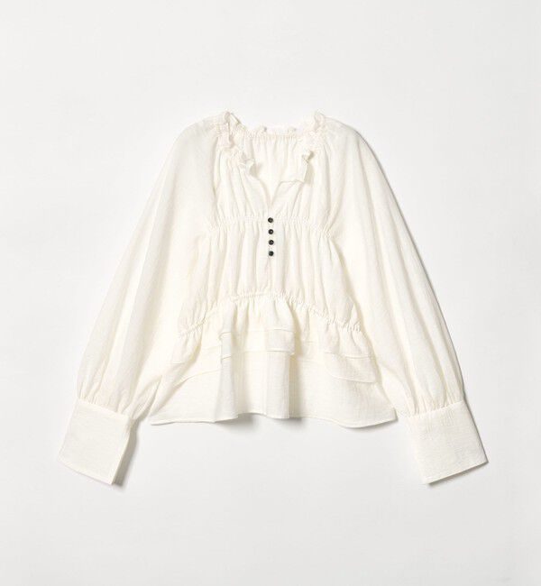 EMMEL REFINES「＜EMMEL REFINES＞EM フリルギャザー キーネック ブラウス」|シャツ・ブラウス|OFF WHITE