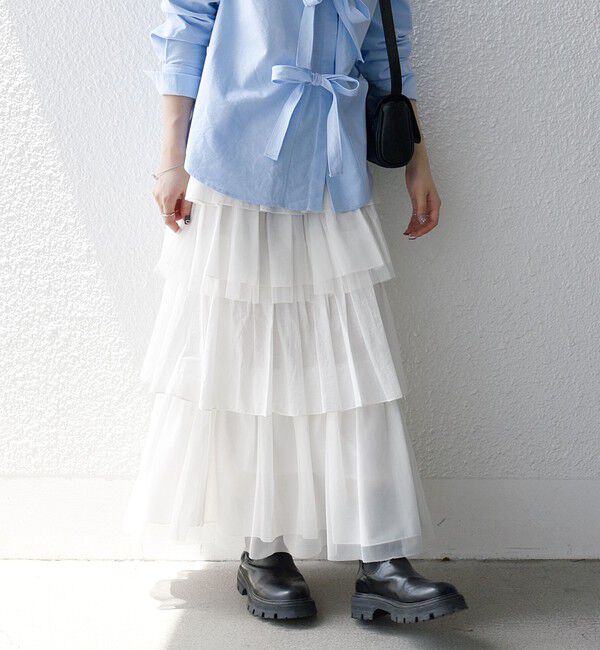 SHIPS any「SHIPS any:〈手洗い可能〉チュール  ティアード ロング スカート」|スカート|ホワイト
