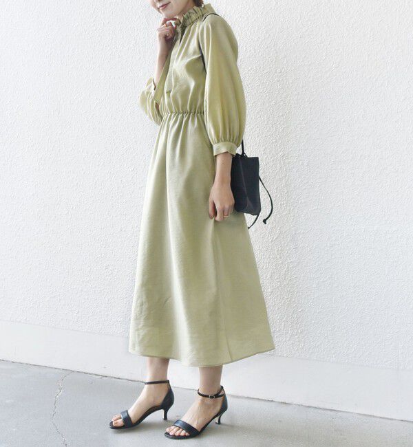 SHIPS for women「〈手洗い可能〉ネック ギャザー 7分袖 ボウタイ ワンピース」|ワンピース|ライトグリーン