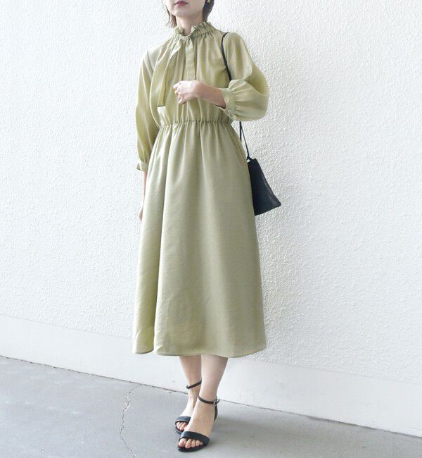 SHIPS for women「〈手洗い可能〉ネック ギャザー 7分袖 ボウタイ ワンピース」|ワンピース|