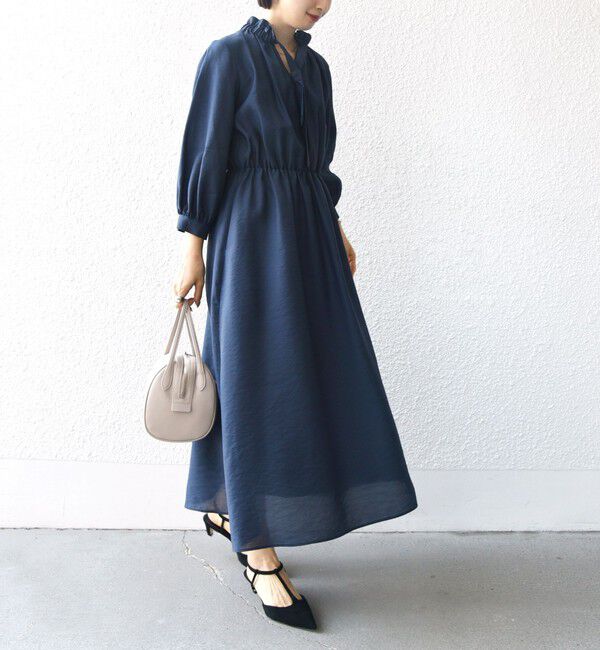 SHIPS for women「〈手洗い可能〉ネック ギャザー 7分袖 ボウタイ ワンピース」|ワンピース|