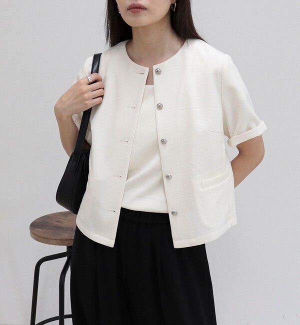 fredy emue「【@sora_522m企画】ノーカラーハーフスリーブジャケット」|ノーカラージャケット|オフホワイト