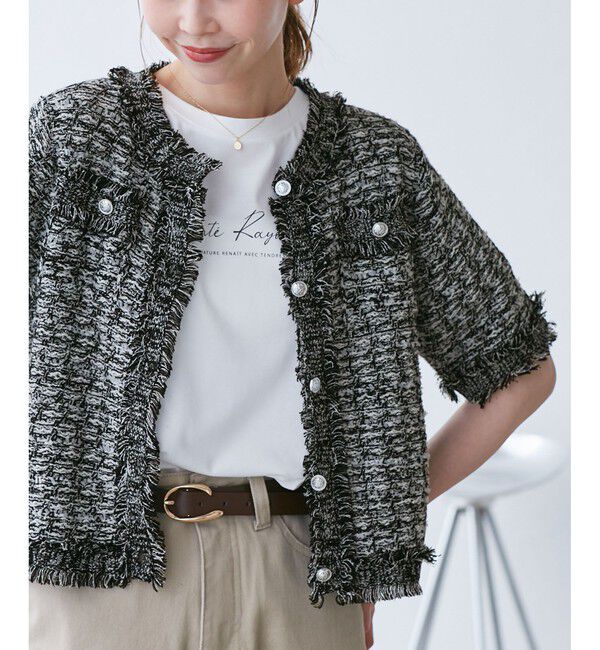 Rope&rsquo;Picnic「【サマー・ツイード】ハーフスリーブカーディガン」|カーディガン|ブラック系(03)