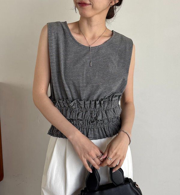  「【肩回りカバー/前後2WAY】ボーダー裾ギャザーT」|Tシャツ・カットソー|グレー