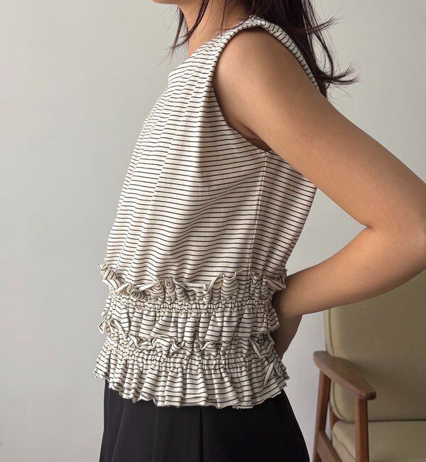  「【肩回りカバー/前後2WAY】ボーダー裾ギャザーT」|Tシャツ・カットソー|