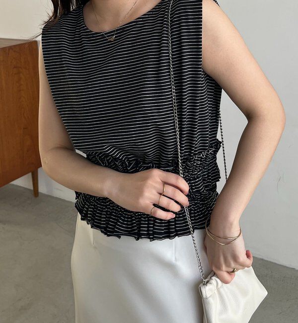  「【肩回りカバー/前後2WAY】ボーダー裾ギャザーT」|Tシャツ・カットソー|