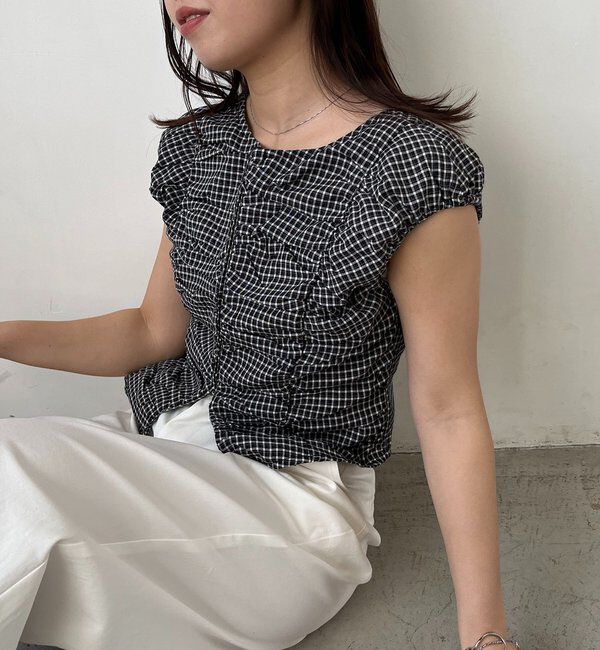  「【洗濯可/着やせ効果◎】チェックギャザーブラウス」|シャツ・ブラウス|ブラック