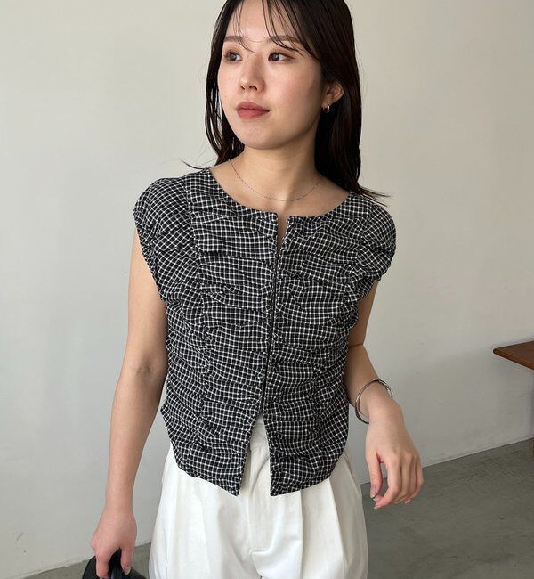  「【洗濯可/着やせ効果◎】チェックギャザーブラウス」|シャツ・ブラウス|