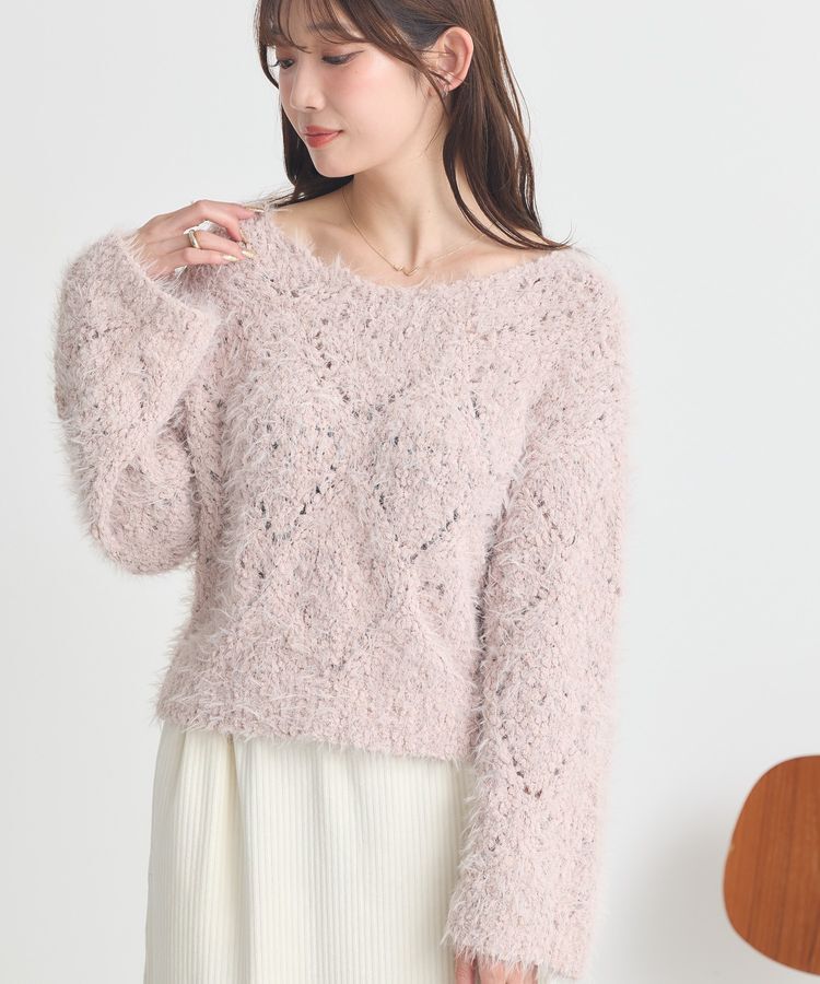 earth music&ecology「シャギーミックス透かしハート柄ニット」|ニット・セーター|グレイッシュピンク