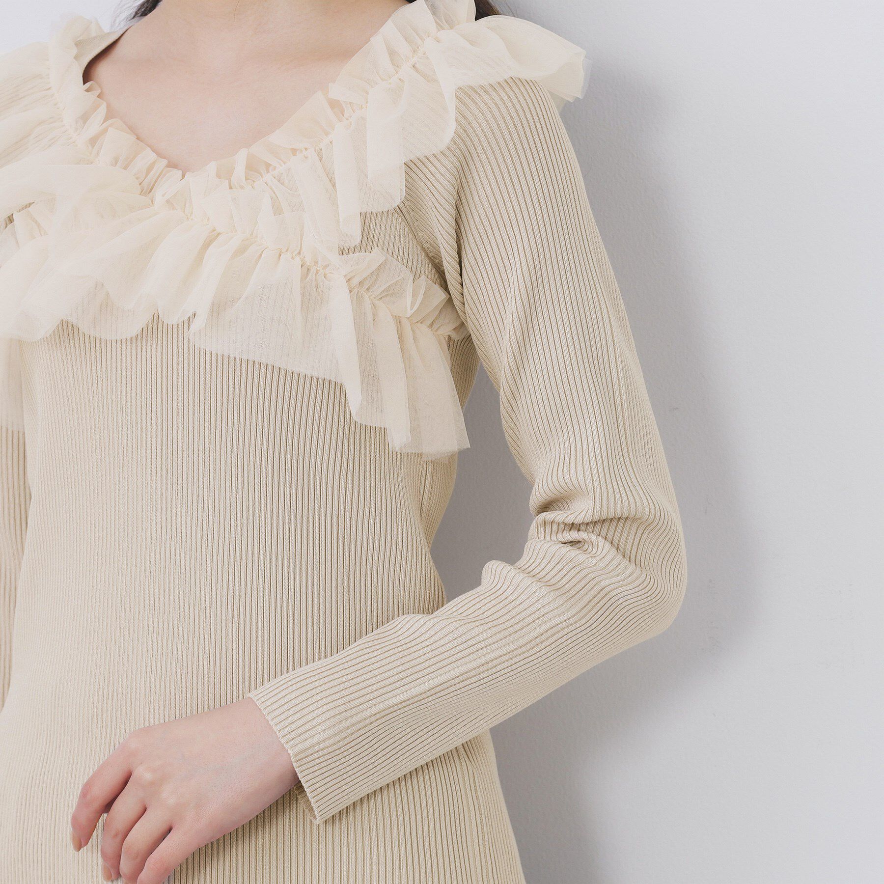 index「クロスチュールフリルリブニット【洗濯機OK/抗ピル】」|ニット・セーター|