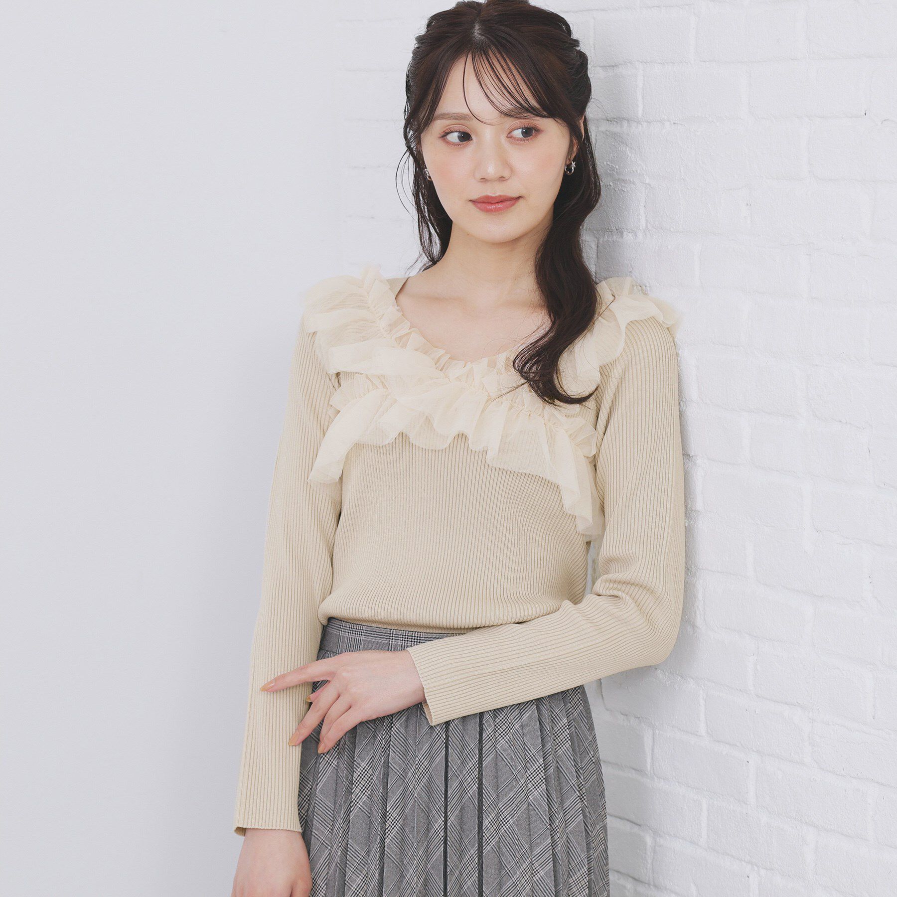 index「クロスチュールフリルリブニット【洗濯機OK/抗ピル】」|ニット・セーター|