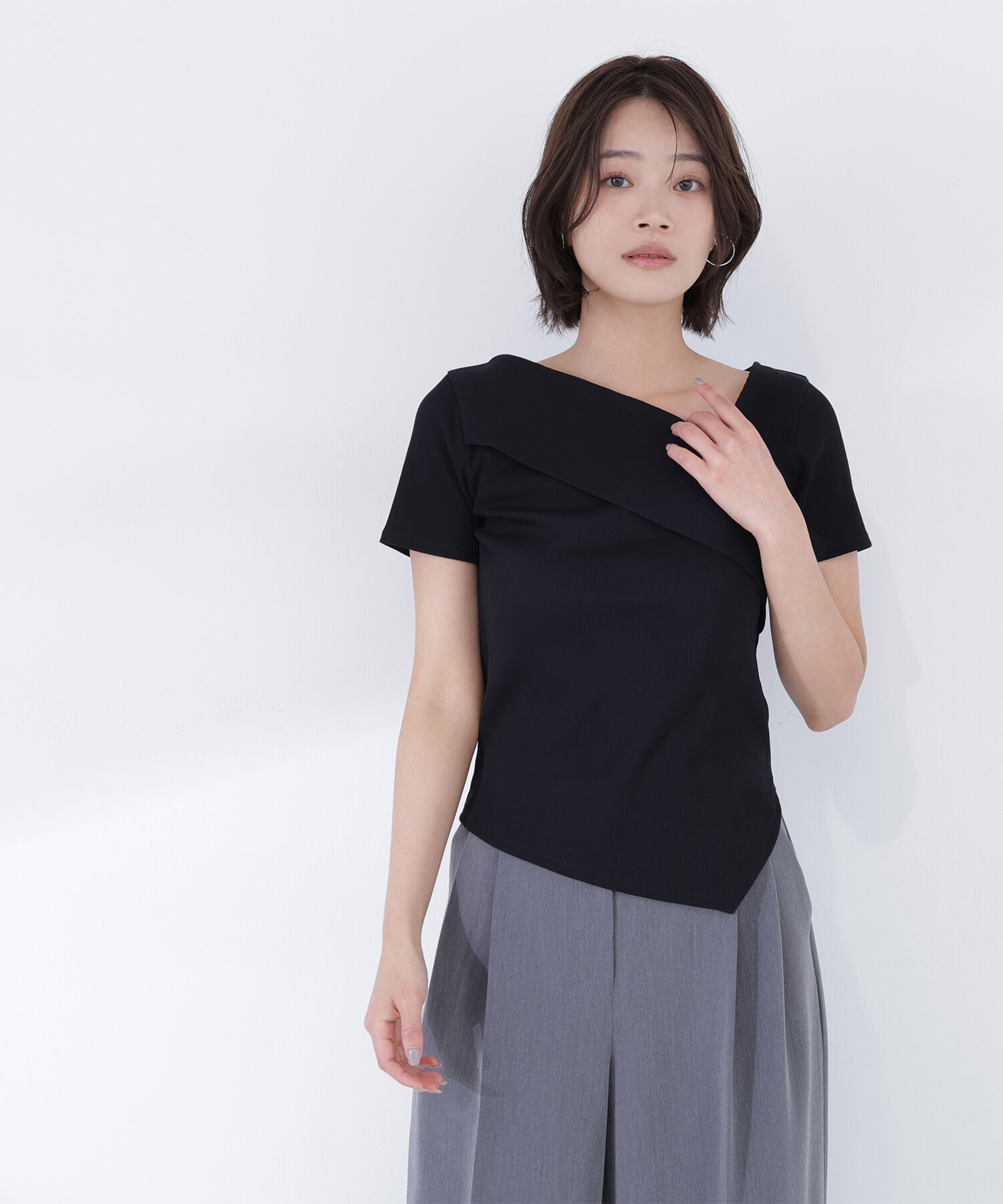  「アシメネックリブカットソー」|Tシャツ・カットソー|