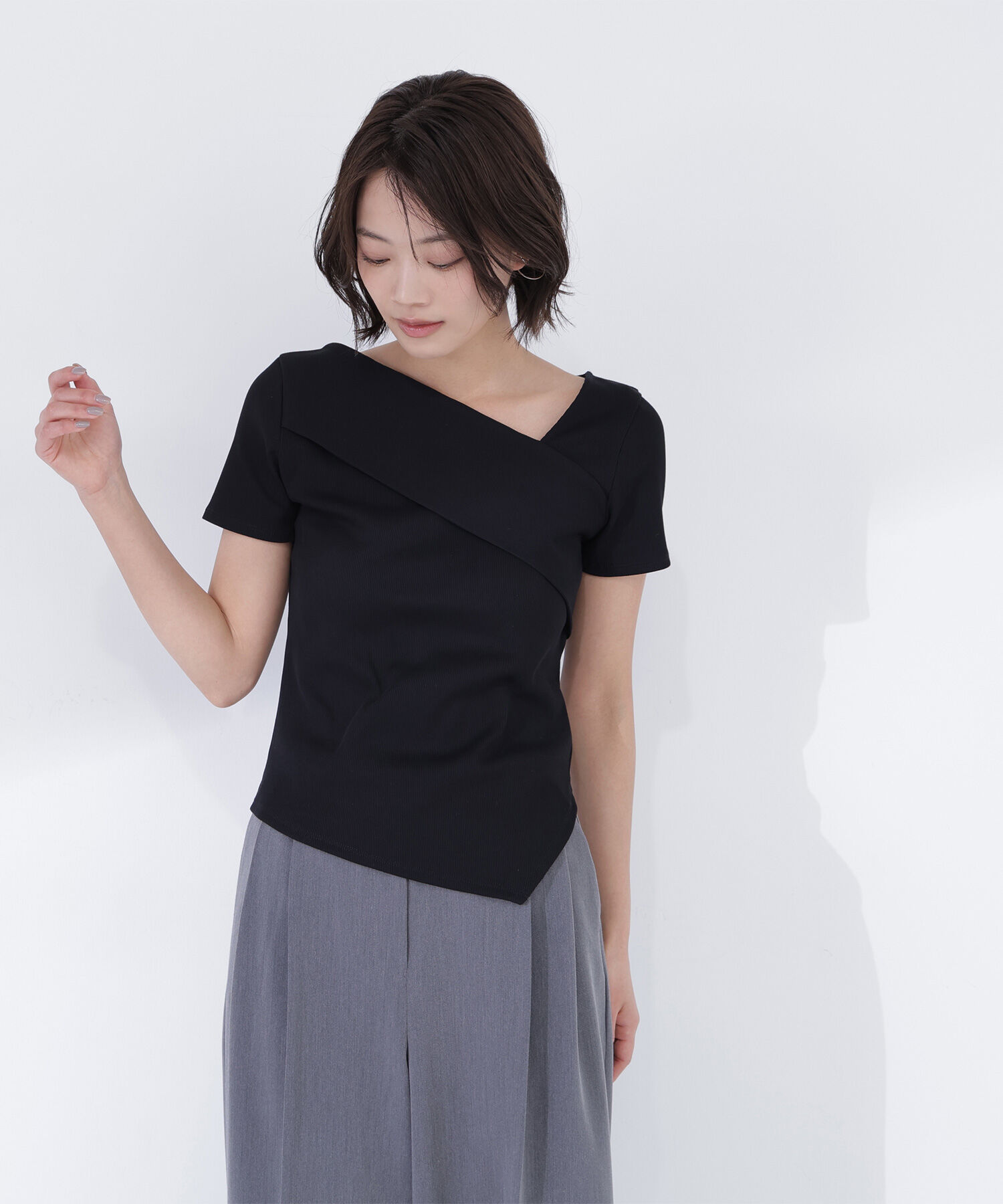  「アシメネックリブカットソー」|Tシャツ・カットソー|