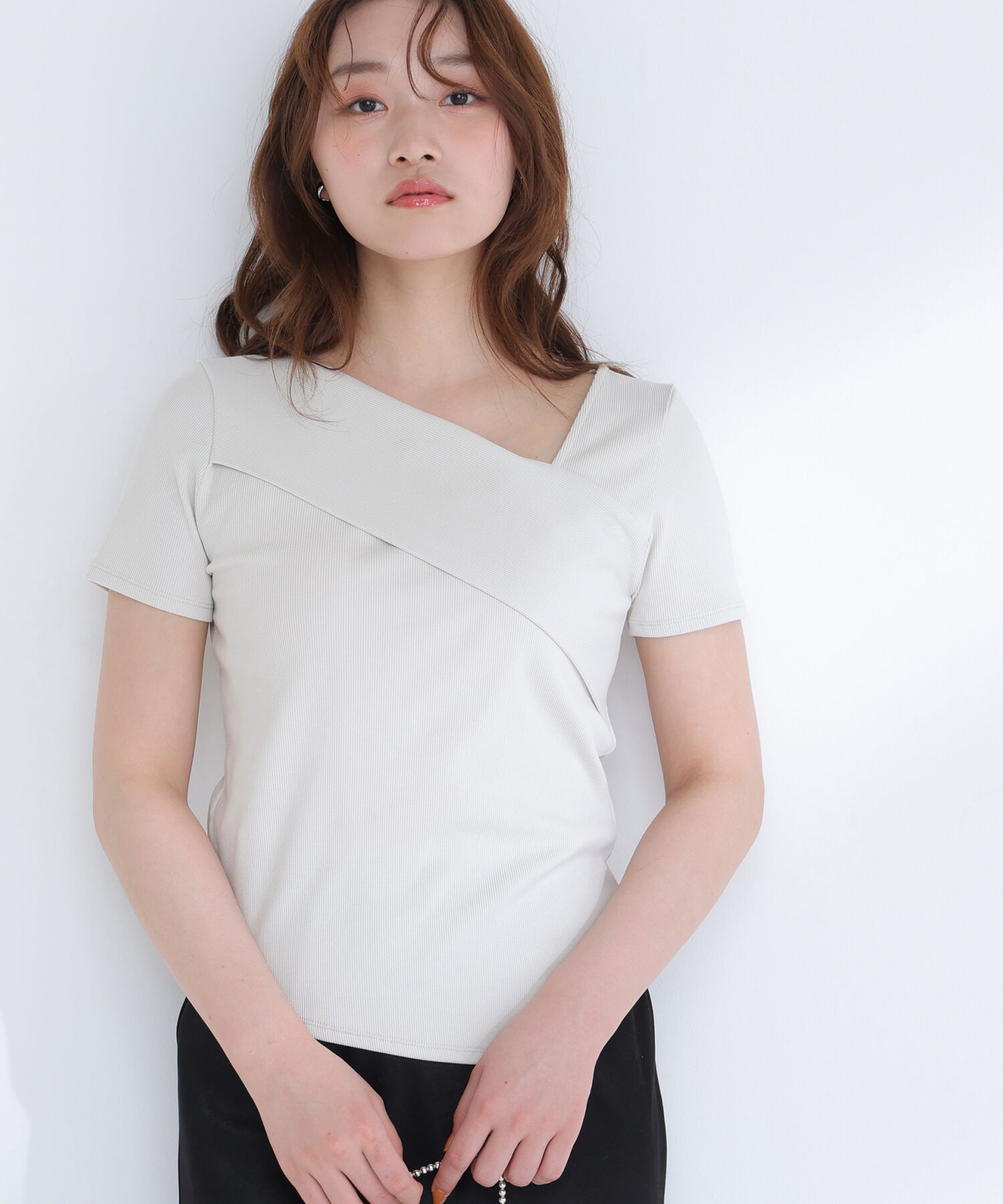  「アシメネックリブカットソー」|Tシャツ・カットソー|ライトグレー