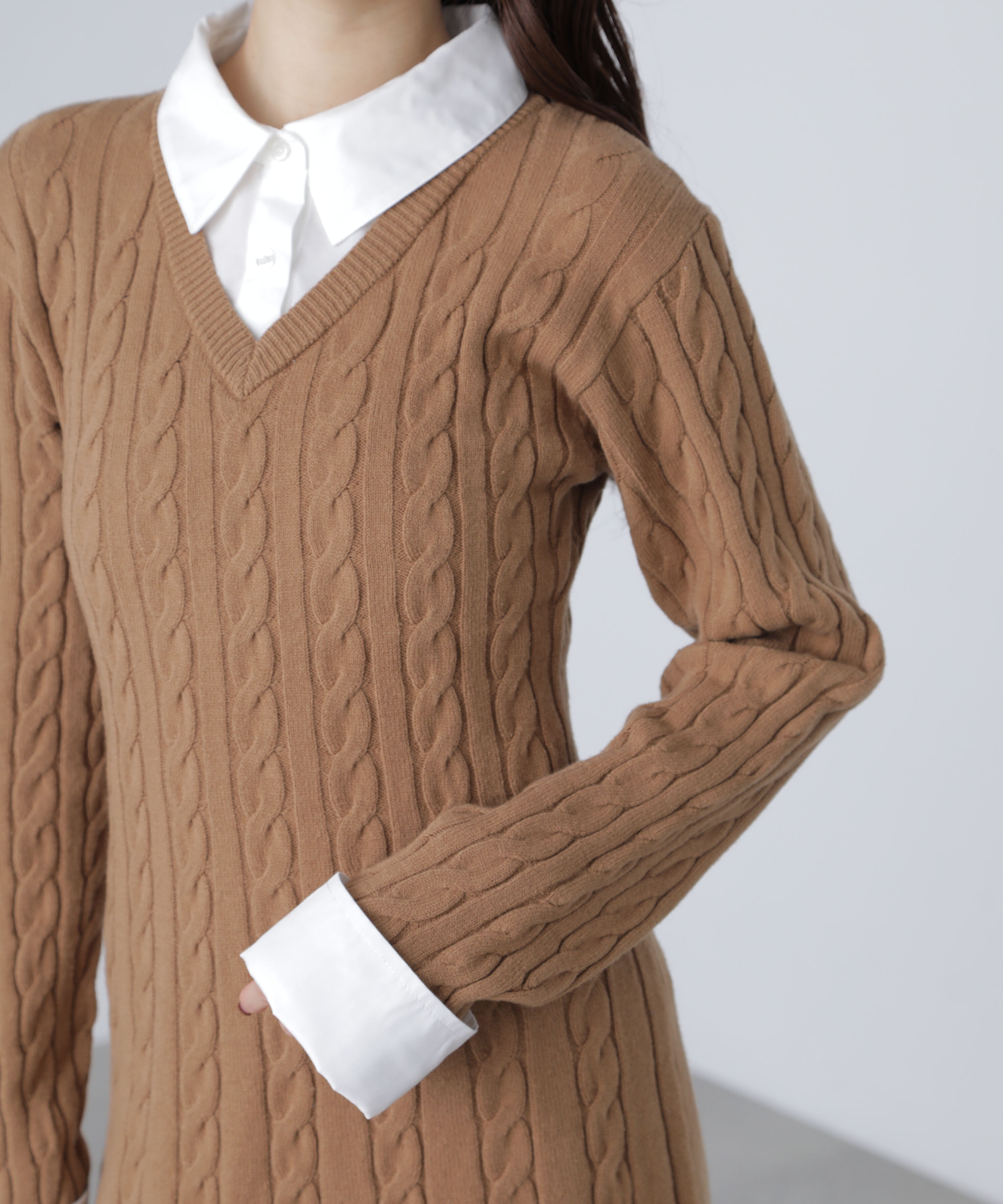  「レイヤード風ケーブルニットミニワンピース」|ワンピース|