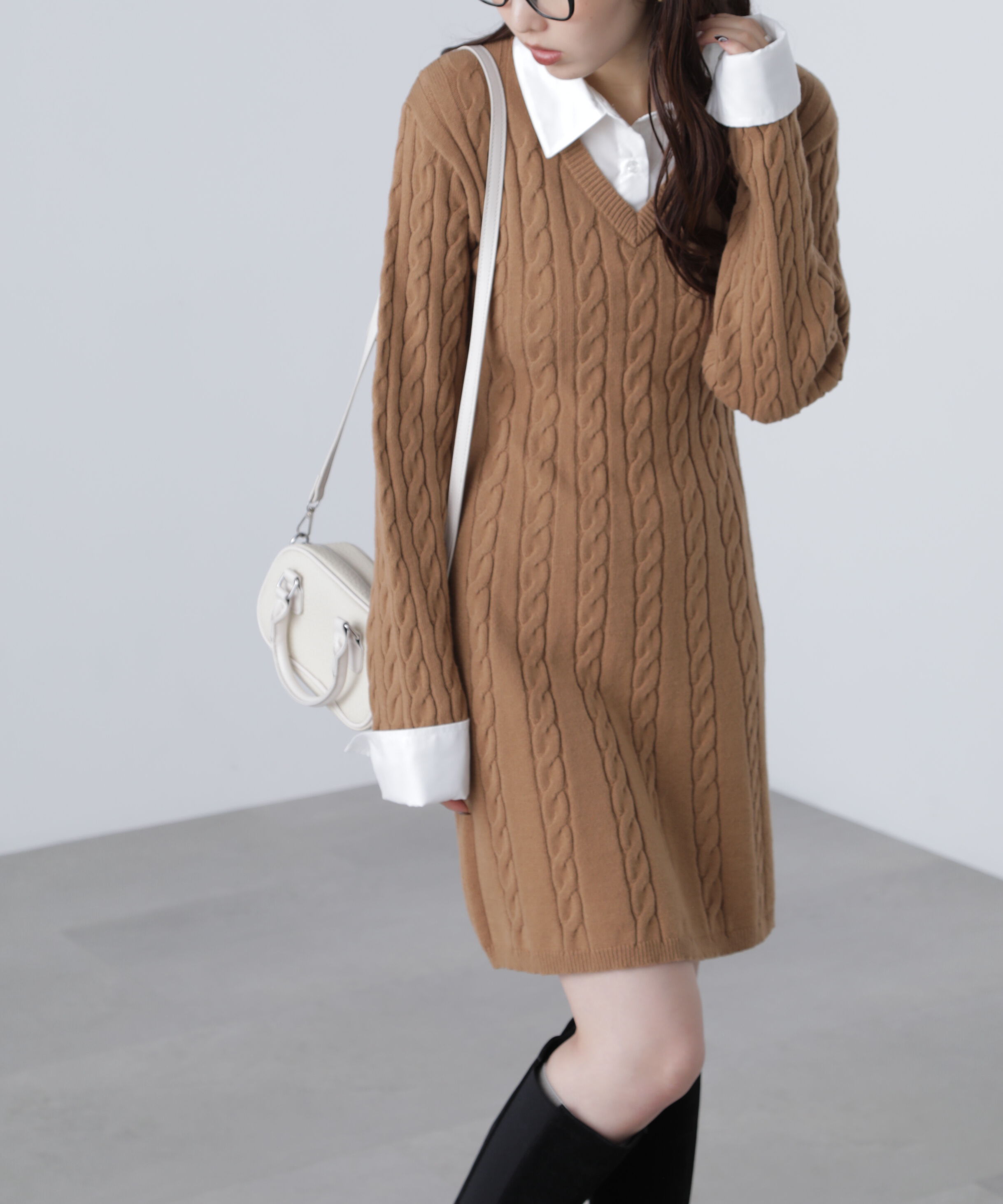  「レイヤード風ケーブルニットミニワンピース」|ワンピース|