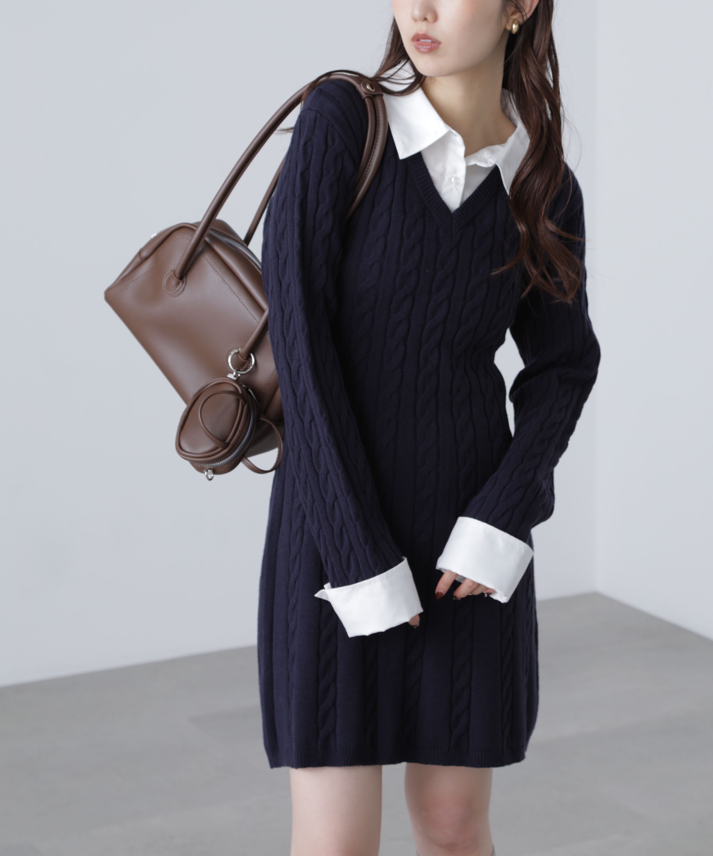  「レイヤード風ケーブルニットミニワンピース」|ワンピース|ネイビー