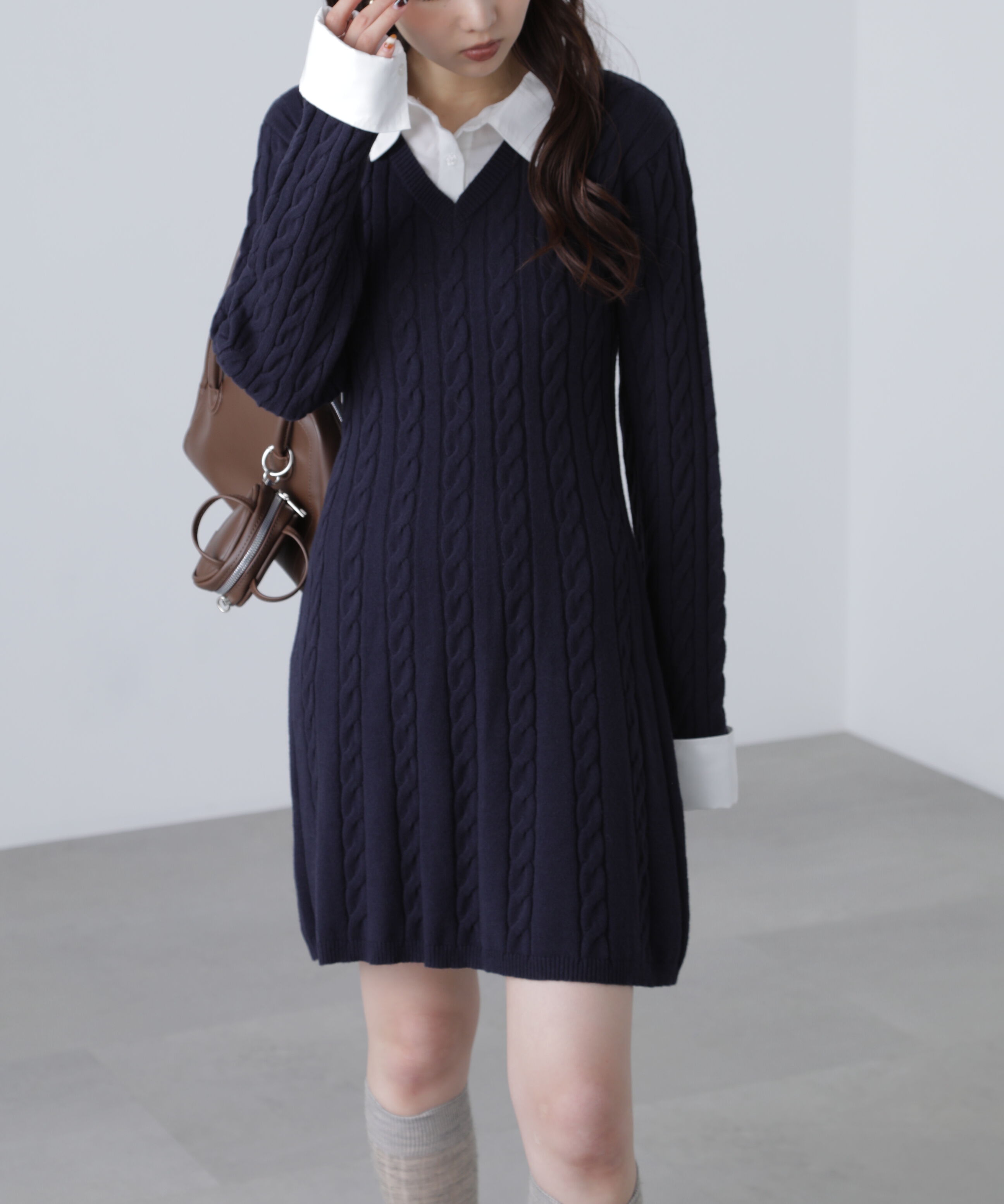  「レイヤード風ケーブルニットミニワンピース」|ワンピース|