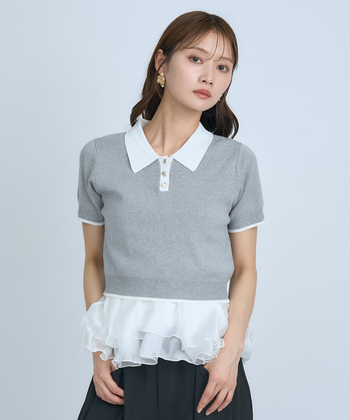 アンドクチュール「ポロニットプルオーバー&times;ペプラムキャミソール」|ニット・セーター|ライトグレー