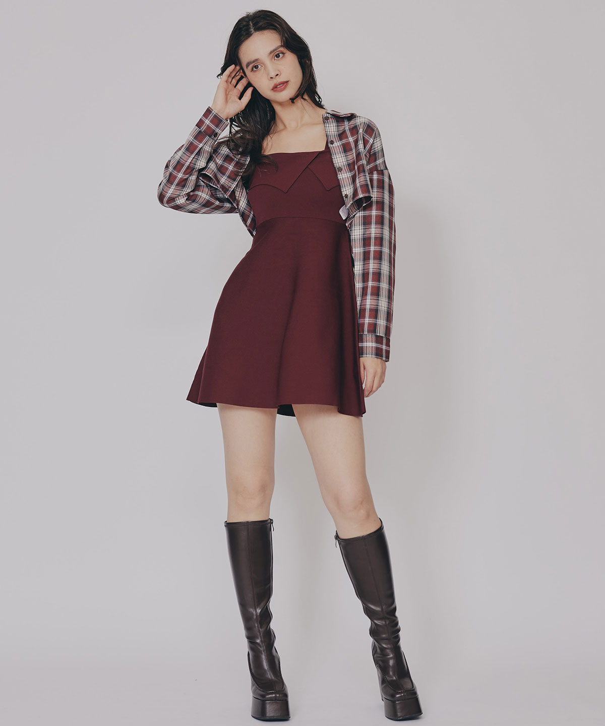 REDYAZEL「チェックショートシャツ&times;ニットミニワンピース」|ワンピース|