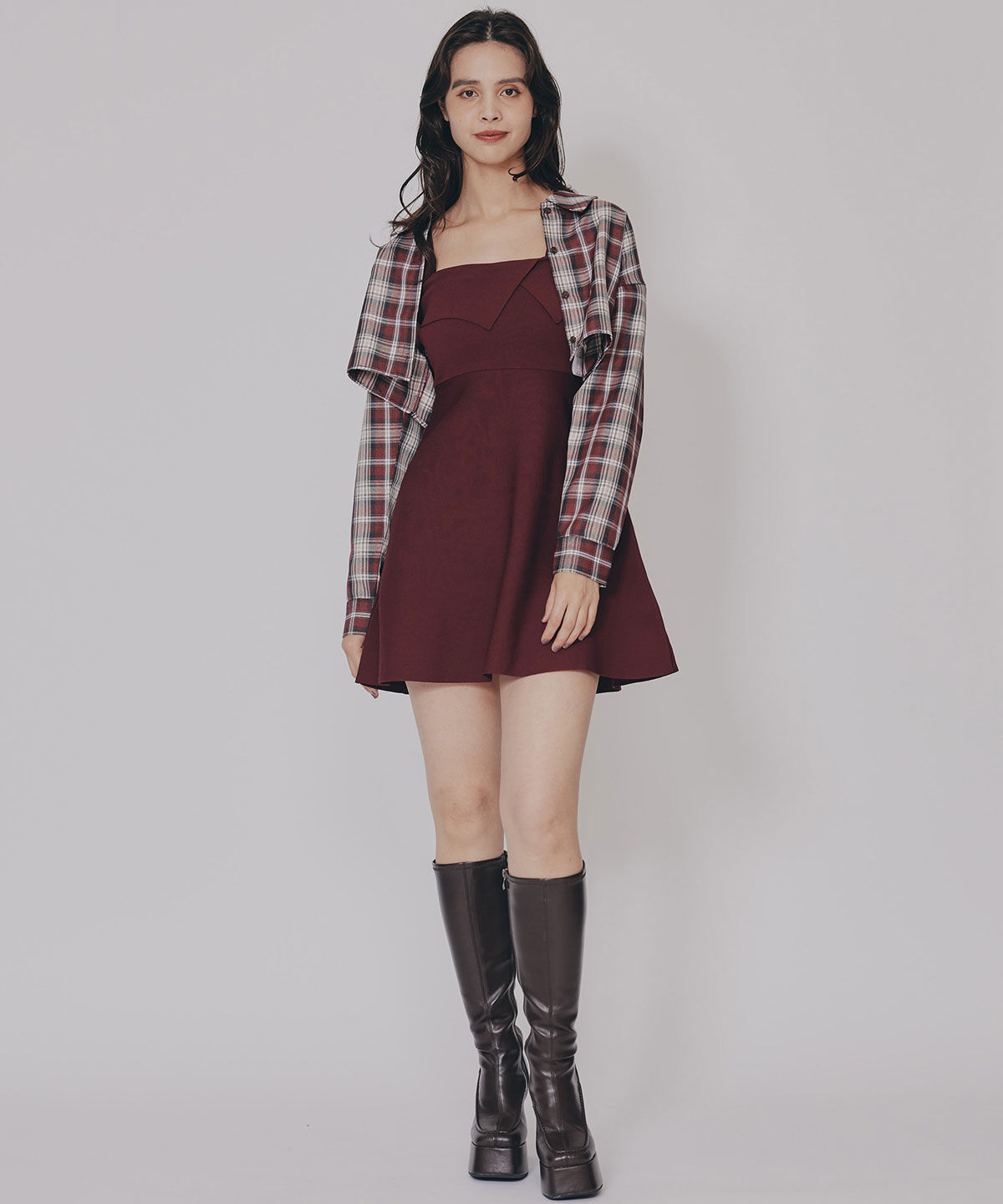 REDYAZEL「チェックショートシャツ&times;ニットミニワンピース」|ワンピース|