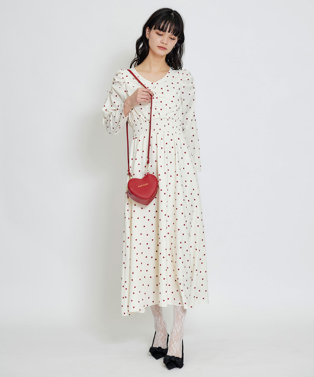 REDYAZEL「Love Me Heart ギャザーリボンロングフレアワンピース」|ワンピース|